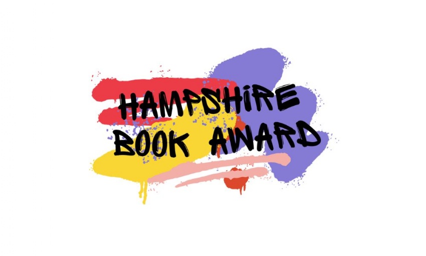 Image shows the Hampshire Book Award logo - daubs of purple, red, yellow and pink paint with the words Hampshire Book Award across them